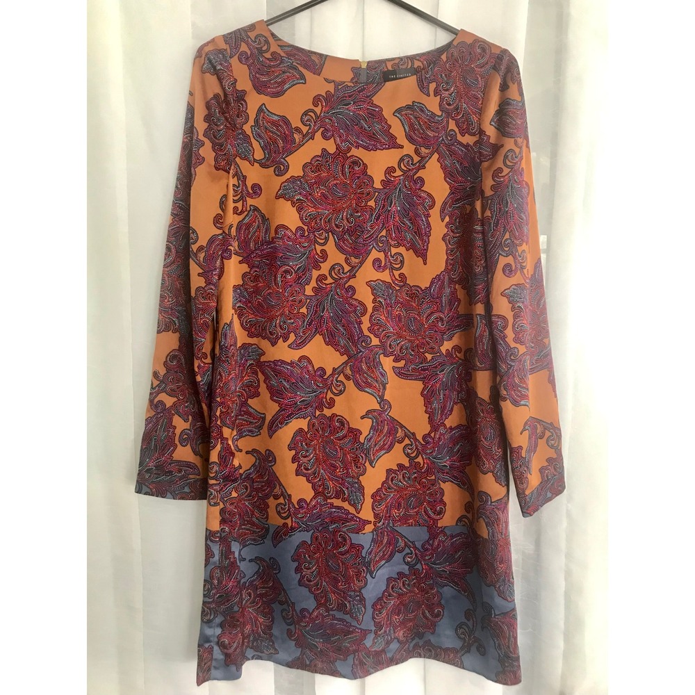The‎ Limited Womens Orange Paisley Long Sleeve Shift Dress Blue Hem Size M